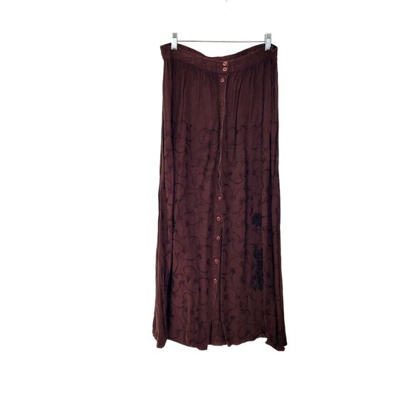 Vintage Dresses & Skirts - Vintage Embroidered Brown Rayon Button Front Midi Skirt